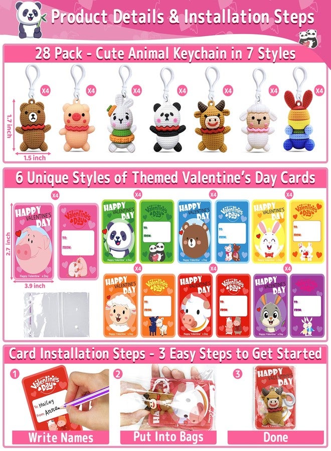 AMENON 28 Pack Prefilled Valentines Day Gifts for Kids, 7 Styles Animal Keychains Toys with Valentines Day Card for Kids Teens Adults School Classroom Exchange Gift, Party Favors Supplies,Classroom Prizes - Image 2